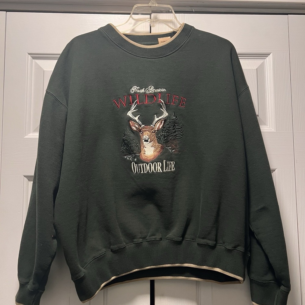 VTG 90s Field Tested Mens Green Embroidered Buck Deer Sweatshirt XL Pullover